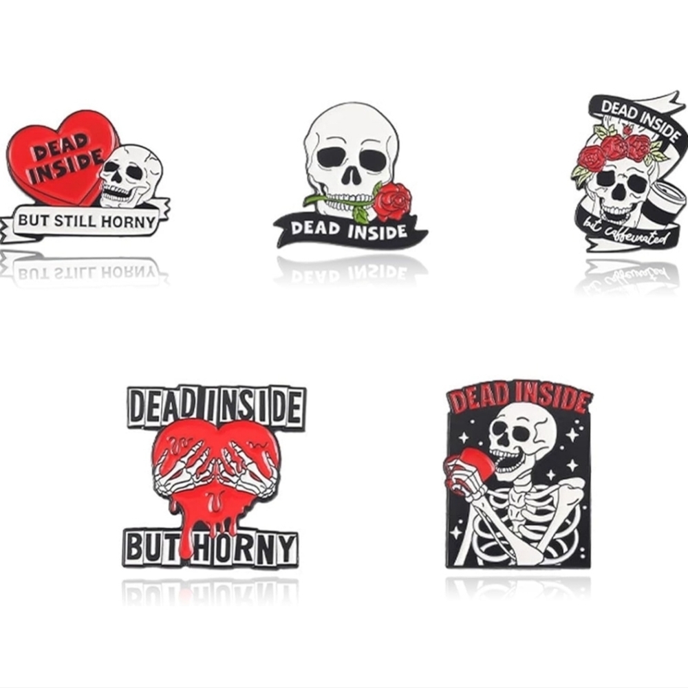 Women’s Jewelry Cute Skull and Heart with ‘Dead Inside’ Quote Enamel 5 Pins Set
